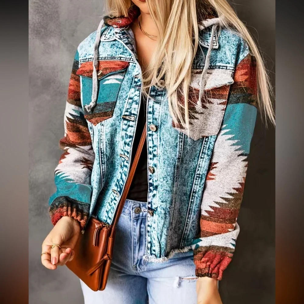 Boho Style Hooded Denim Jacket